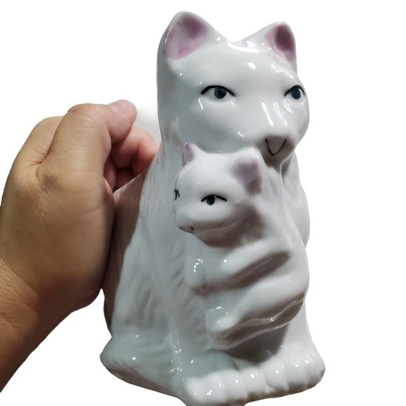 Vtg Mom and baby Kitty Cat planter ceramic high-gloss gree blue eyes - Picture 2 of 10